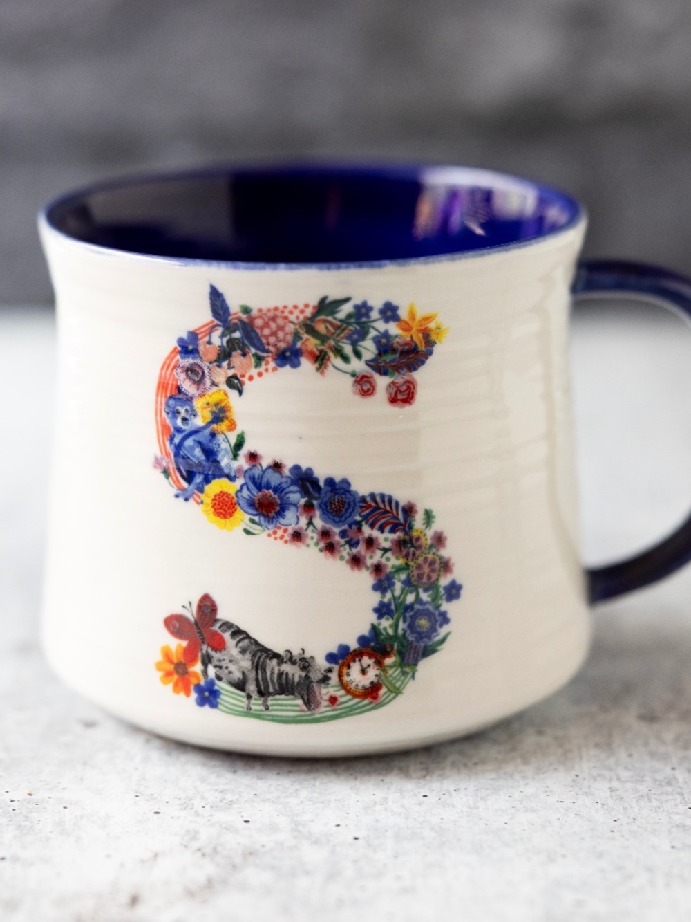 Anthropologie Nathalie Lete "S” Botanical Floral Coffee Mug/Cup Stoneware